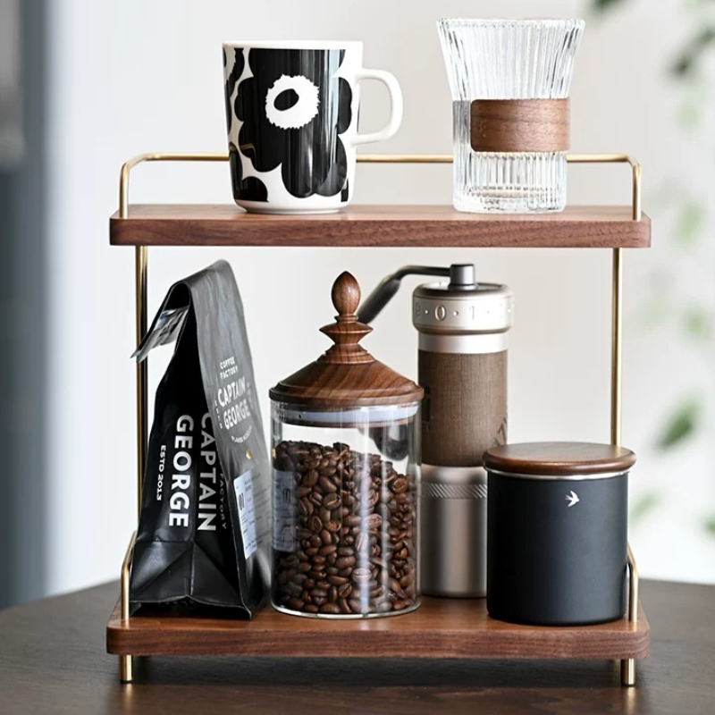 Home Bar Shelves - منظم أكواب من خشب الجوز الأسود