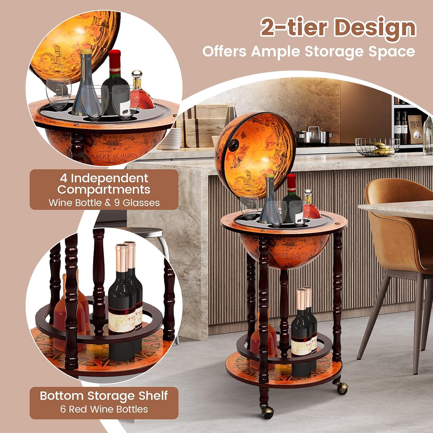 عربة بار على شكل كرة أرضية مع  - مراجعة Home Bar Shelves وسعره