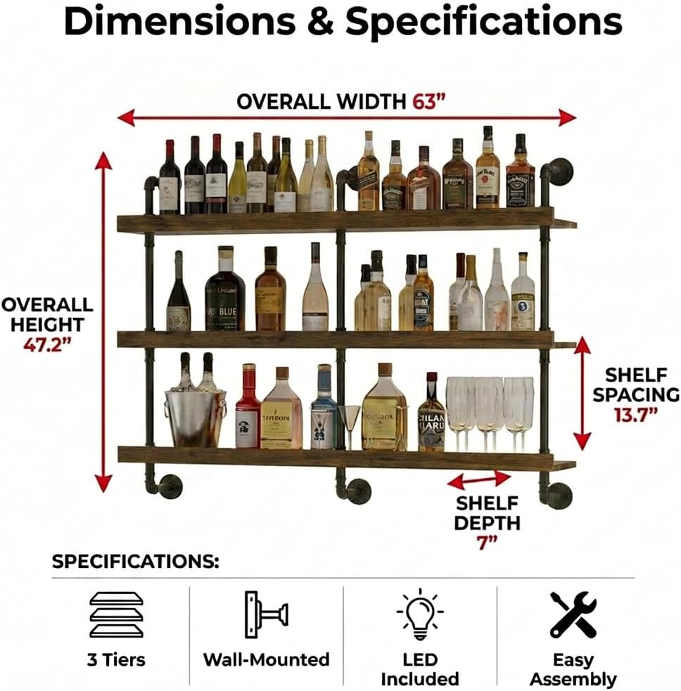 رف نبيذ معلق على الحائط مع إضا - مراجعة Home Bar Shelves وسعره