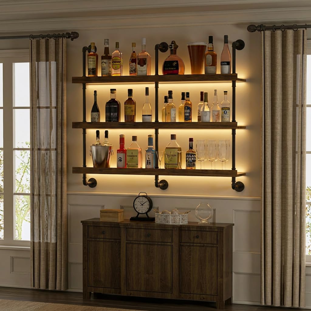 رف نبيذ معلق على الحائط مع إضا - مراجعة Home Bar Shelves وسعره